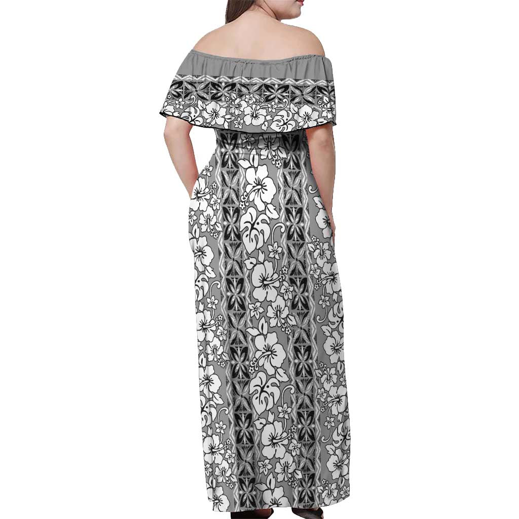 Hawaii Vintage Gray Hibiscus Tapa Pattern Off Shoulder Maxi Dress