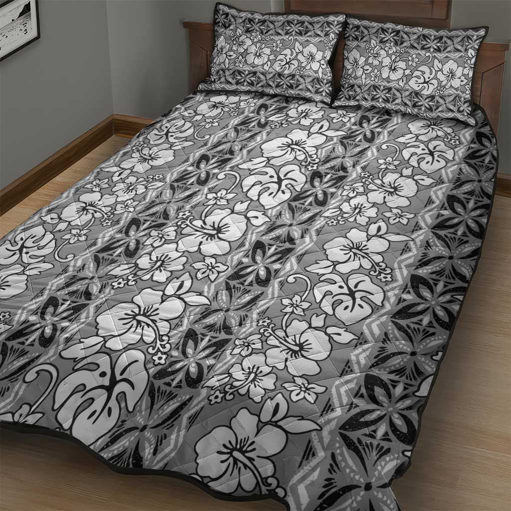 Hawaii Vintage Gray Hibiscus Tapa Pattern Quilt Bed Set