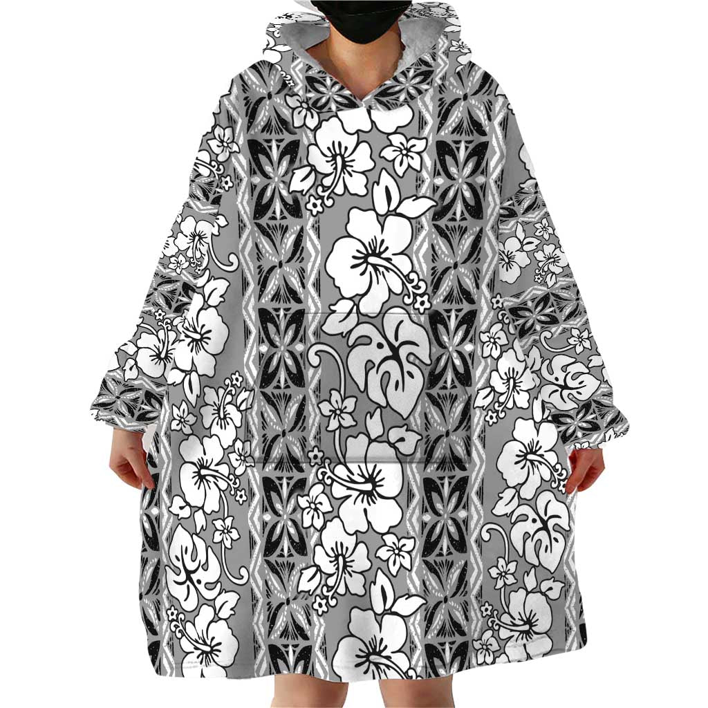 Hawaii Vintage Gray Hibiscus Tapa Pattern Wearable Blanket Hoodie