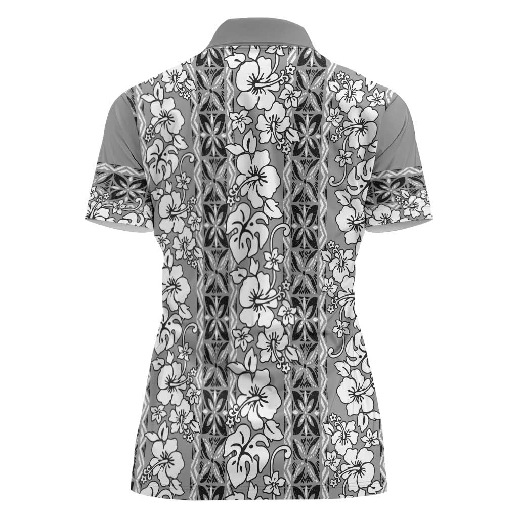 Hawaii Vintage Gray Hibiscus Tapa Pattern Women Polo Shirt