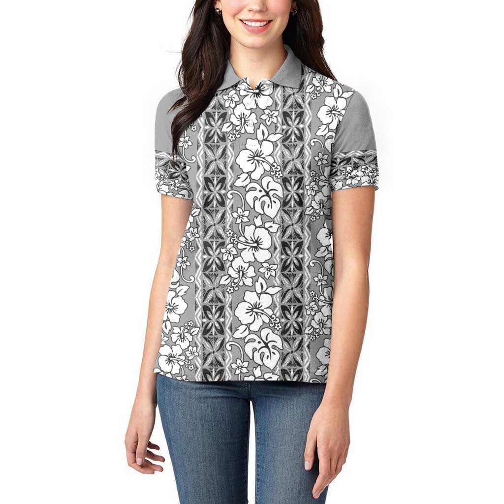 Hawaii Vintage Gray Hibiscus Tapa Pattern Women Polo Shirt