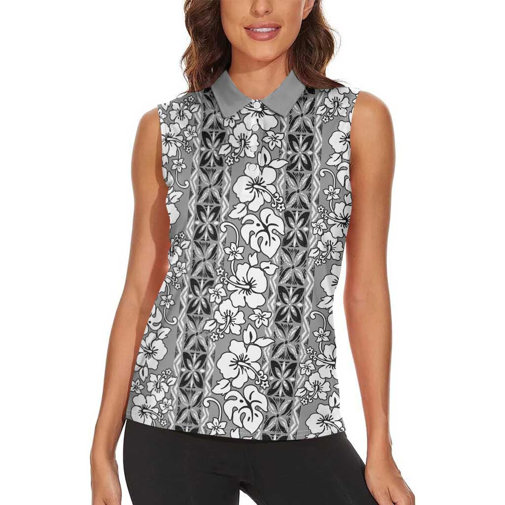 Hawaii Vintage Gray Hibiscus Tapa Pattern Women Sleeveless Polo Shirt LT05 - Polynesian Pride