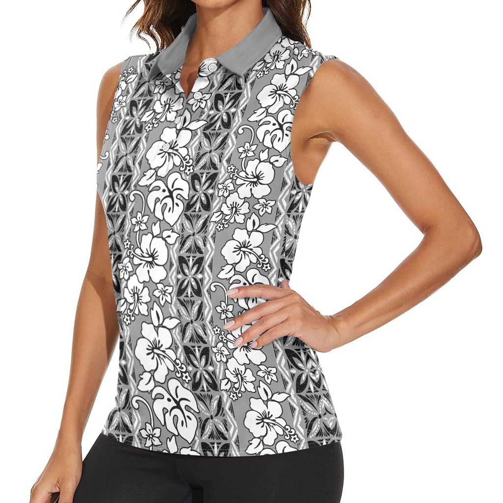 Hawaii Vintage Gray Hibiscus Tapa Pattern Women Sleeveless Polo Shirt LT05 - Polynesian Pride