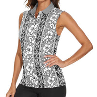 Hawaii Vintage Gray Hibiscus Tapa Pattern Women Sleeveless Polo Shirt LT05 - Polynesian Pride