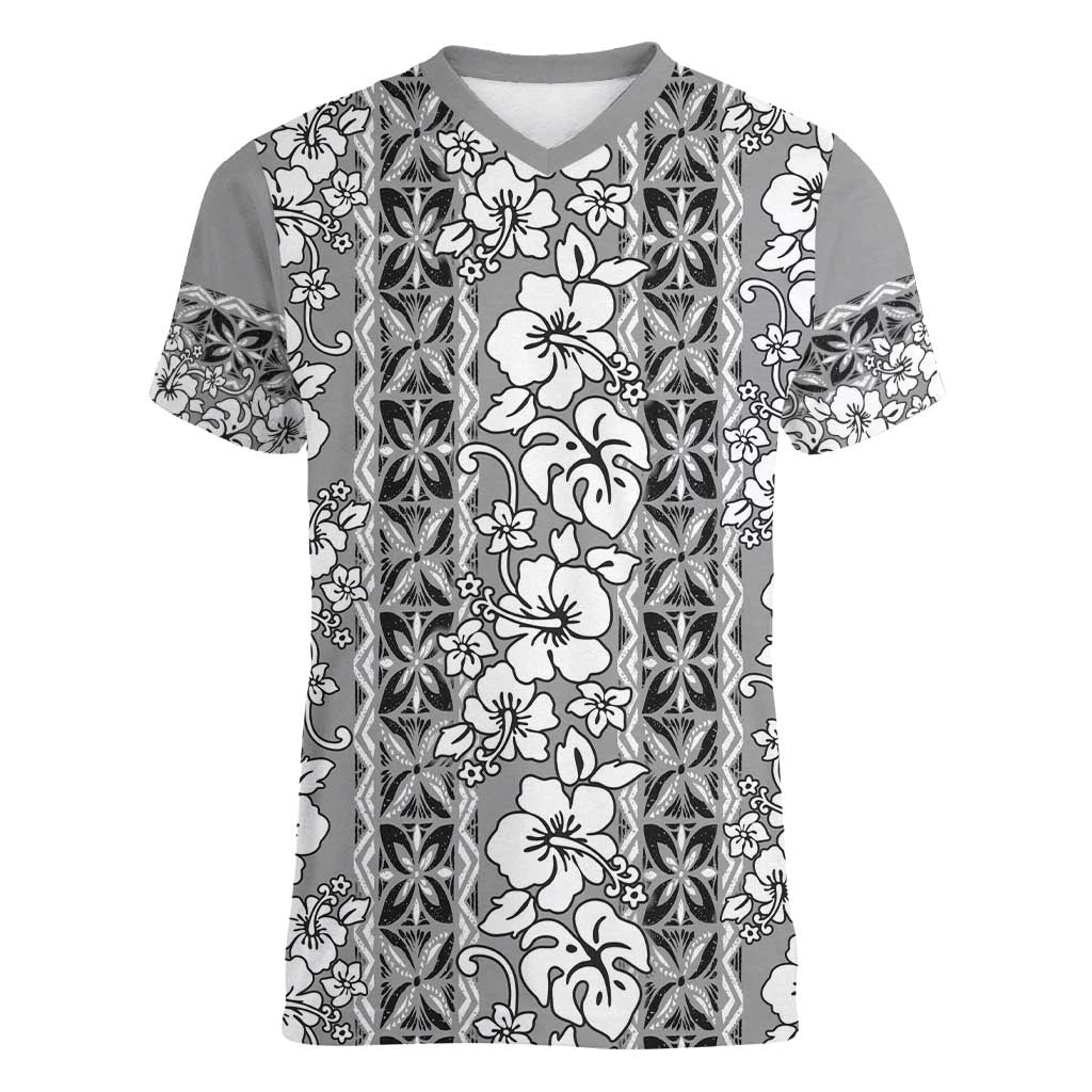 Hawaii Vintage Gray Hibiscus Tapa Pattern Women V-Neck T-Shirt LT05 Female Gray - Polynesian Pride