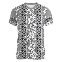 Hawaii Vintage Gray Hibiscus Tapa Pattern Women V-Neck T-Shirt LT05 Female Gray - Polynesian Pride