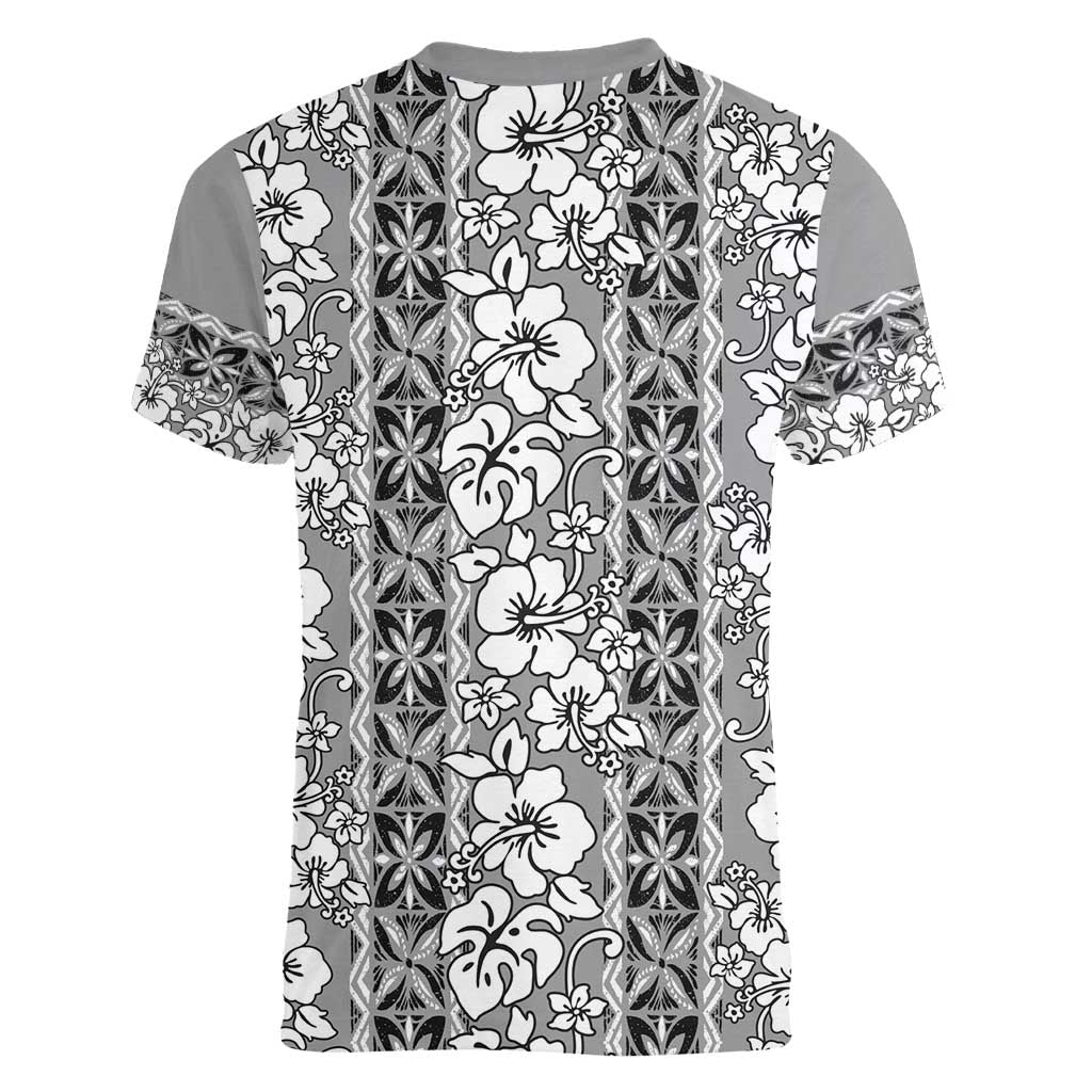 Hawaii Vintage Gray Hibiscus Tapa Pattern Women V-Neck T-Shirt LT05 - Polynesian Pride