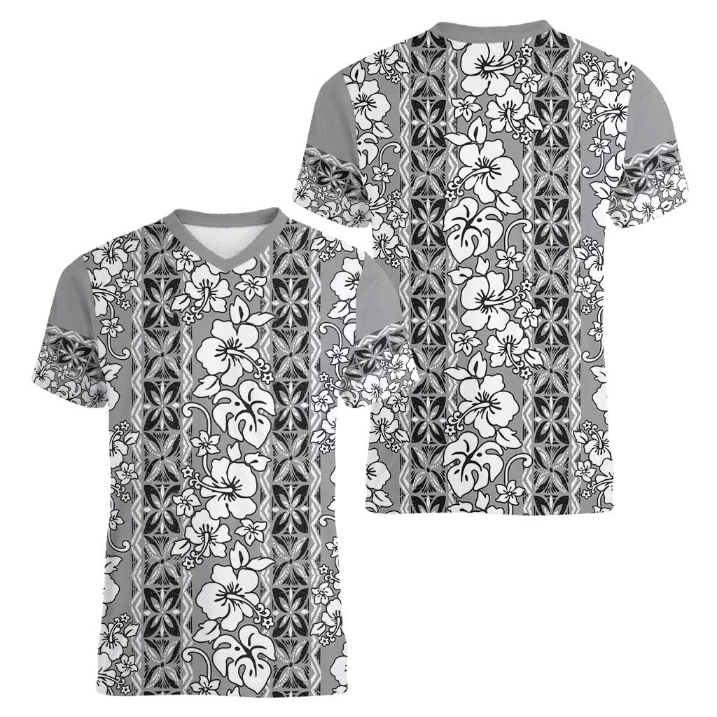 Hawaii Vintage Gray Hibiscus Tapa Pattern Women V-Neck T-Shirt LT05 - Polynesian Pride