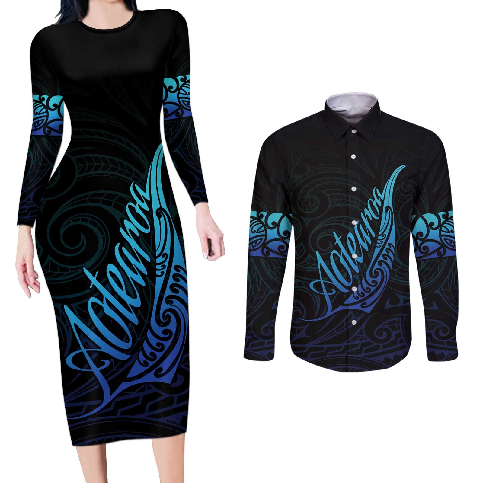 Aotearoa New Zealand Couples Matching Long Sleeve Bodycon Dress and Long Sleeve Button Shirt Koru Fern Blue Gradient