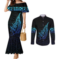 Aotearoa New Zealand Couples Matching Mermaid Dress and Long Sleeve Button Shirt Koru Fern Blue Gradient