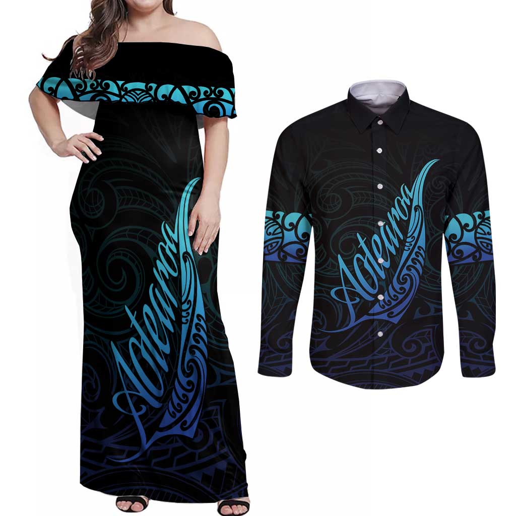 Aotearoa New Zealand Couples Matching Off Shoulder Maxi Dress and Long Sleeve Button Shirt Koru Fern Blue Gradient