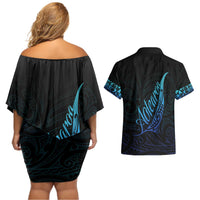 Aotearoa New Zealand Couples Matching Off Shoulder Short Dress and Hawaiian Shirt Koru Fern Blue Gradient