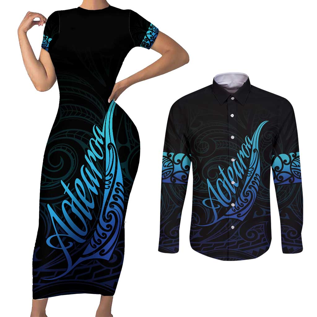 Aotearoa New Zealand Couples Matching Short Sleeve Bodycon Dress and Long Sleeve Button Shirt Koru Fern Blue Gradient
