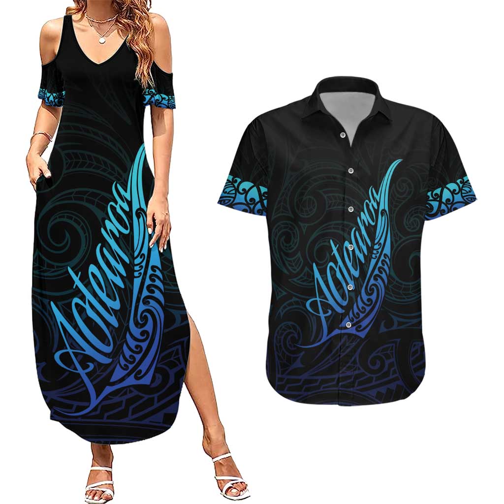 Aotearoa New Zealand Couples Matching Summer Maxi Dress and Hawaiian Shirt Koru Fern Blue Gradient