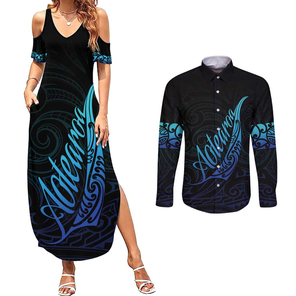 Aotearoa New Zealand Couples Matching Summer Maxi Dress and Long Sleeve Button Shirt Koru Fern Blue Gradient