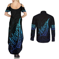 Aotearoa New Zealand Couples Matching Summer Maxi Dress and Long Sleeve Button Shirt Koru Fern Blue Gradient