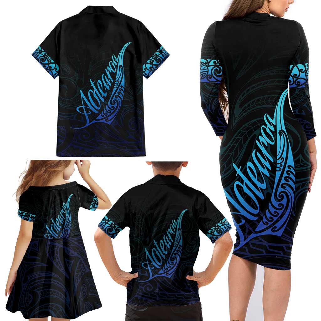 Aotearoa New Zealand Family Matching Long Sleeve Bodycon Dress and Hawaiian Shirt Koru Fern Blue Gradient
