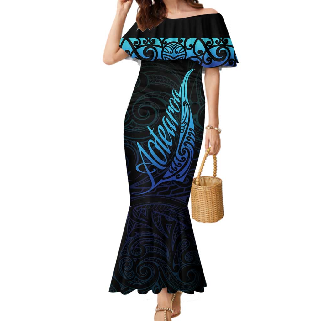 Aotearoa New Zealand Family Matching Mermaid Dress and Hawaiian Shirt Koru Fern Blue Gradient