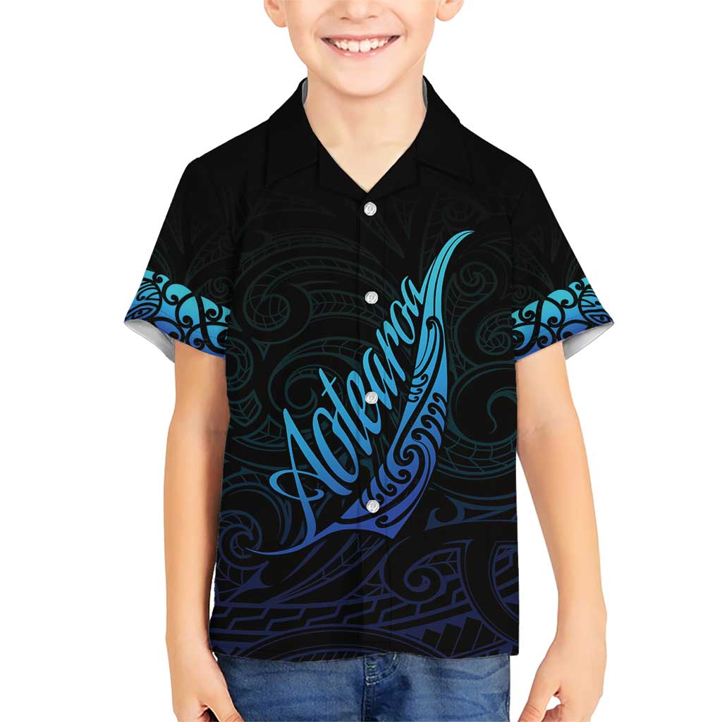 Aotearoa New Zealand Family Matching Short Sleeve Bodycon Dress and Hawaiian Shirt Koru Fern Blue Gradient