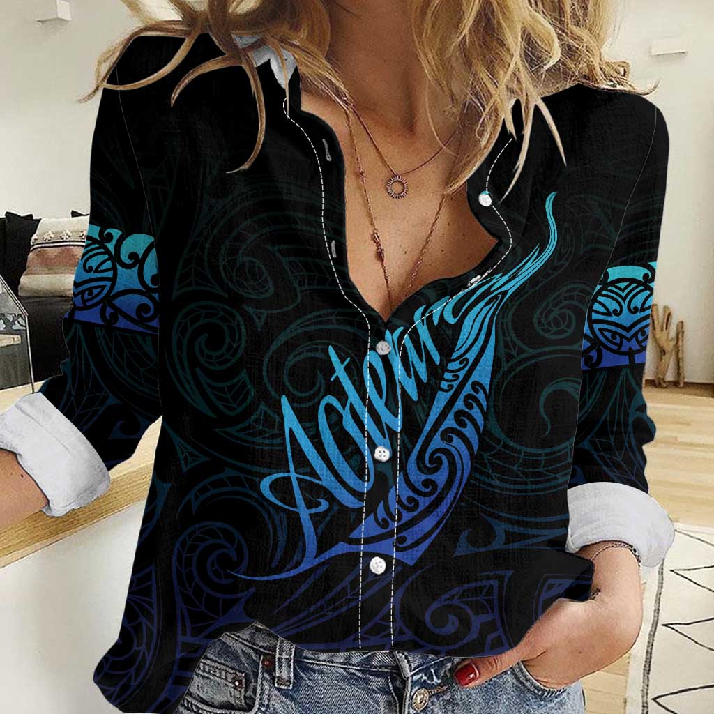 Aotearoa New Zealand Women Casual Shirt Koru Fern Blue Gradient LT05 Female Blue - Polynesian Pride