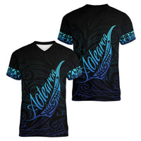 Aotearoa New Zealand Women V-Neck T-Shirt Koru Fern Blue Gradient LT05 - Polynesian Pride