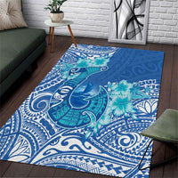 Hawaii Discoverers Day Area Rug Polynesian Fish Hook With Hibiscus Blue