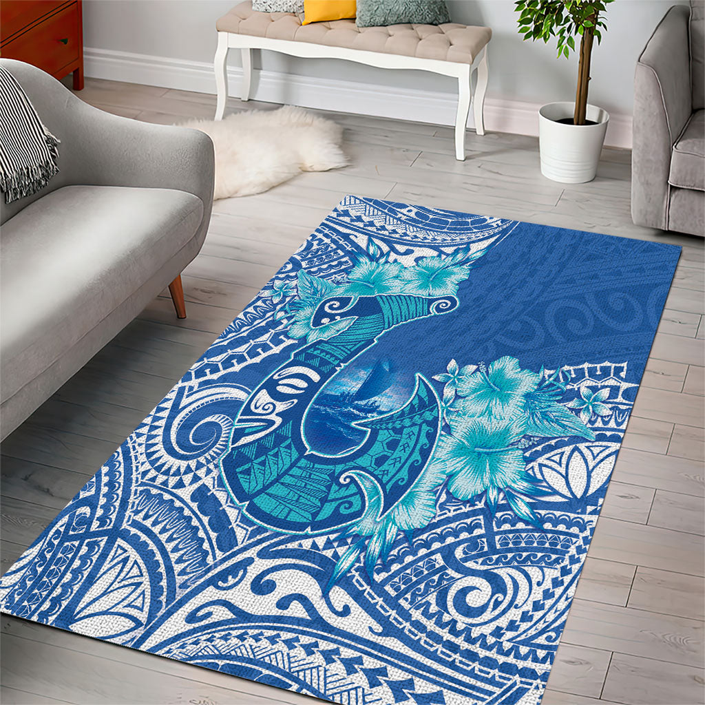 Hawaii Discoverers Day Area Rug Polynesian Fish Hook With Hibiscus Blue