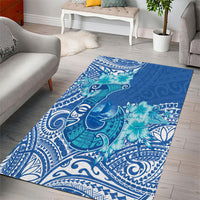 Hawaii Discoverers Day Area Rug Polynesian Fish Hook With Hibiscus Blue