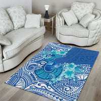 Hawaii Discoverers Day Area Rug Polynesian Fish Hook With Hibiscus Blue