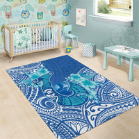 Hawaii Discoverers Day Area Rug Polynesian Fish Hook With Hibiscus Blue