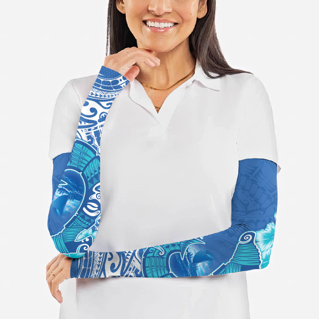Hawaii Discoverers Day Arm Sleeves Polynesian Fish Hook With Hibiscus Blue