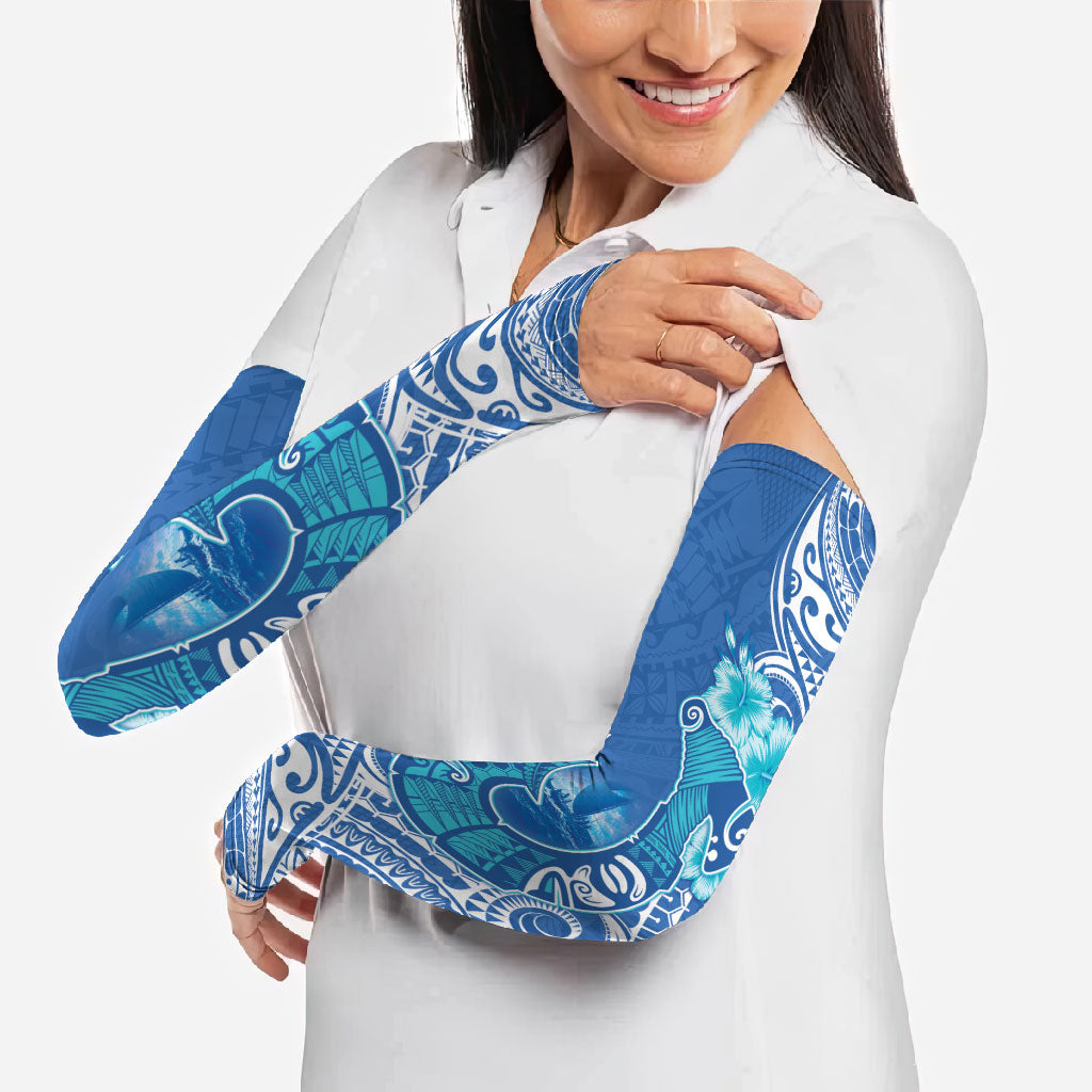 Hawaii Discoverers Day Arm Sleeves Polynesian Fish Hook With Hibiscus Blue