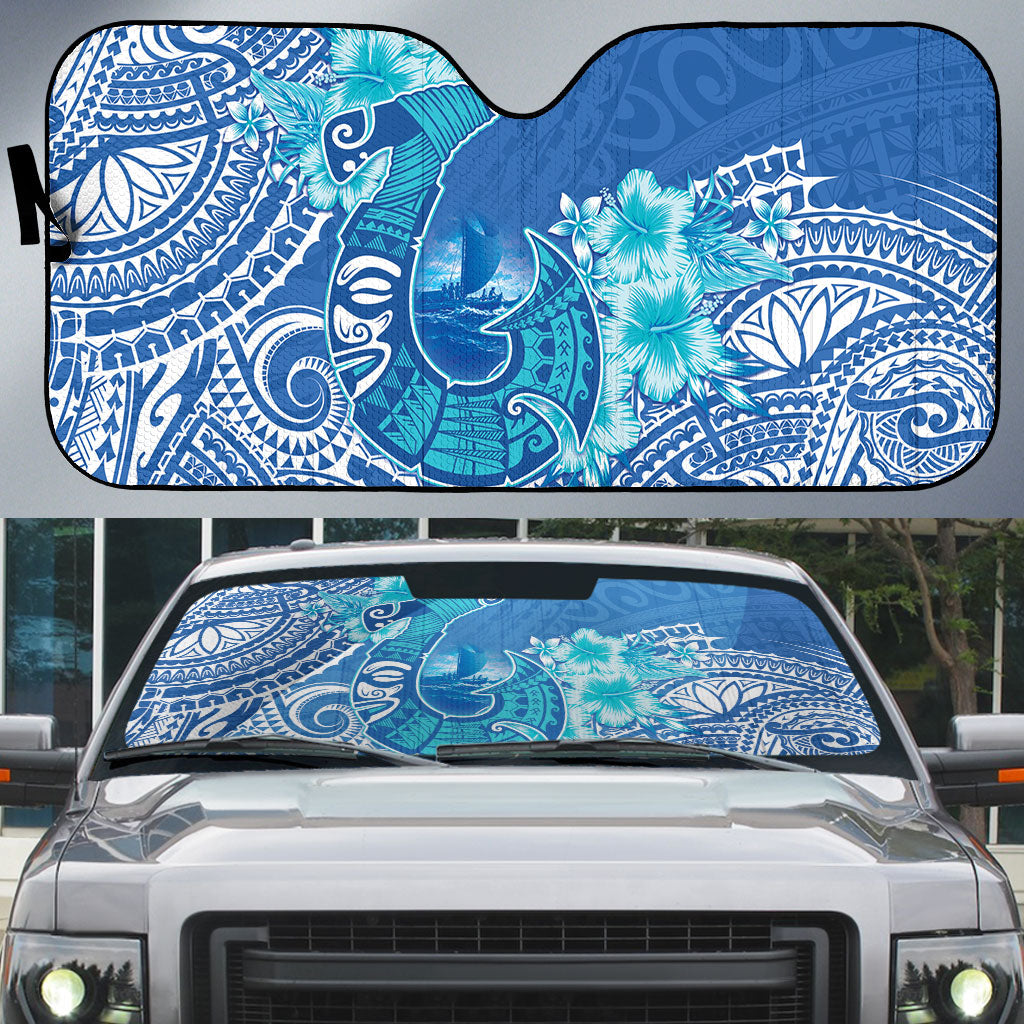Hawaii Discoverers Day Auto Sun Shade Polynesian Fish Hook With Hibiscus Blue