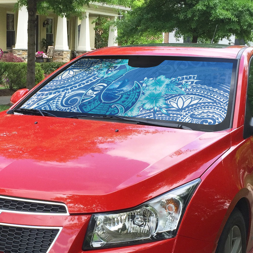 Hawaii Discoverers Day Auto Sun Shade Polynesian Fish Hook With Hibiscus Blue