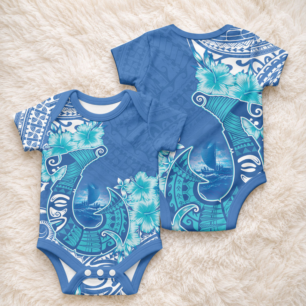 Hawaii Discoverers Day Baby Onesie Polynesian Fish Hook With Hibiscus Blue