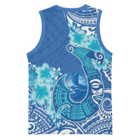 Hawaii Discoverers Day Basketball Jersey Polynesian Fish Hook With Hibiscus Blue