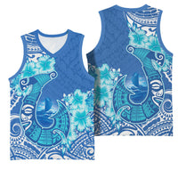 Hawaii Discoverers Day Basketball Jersey Polynesian Fish Hook With Hibiscus Blue