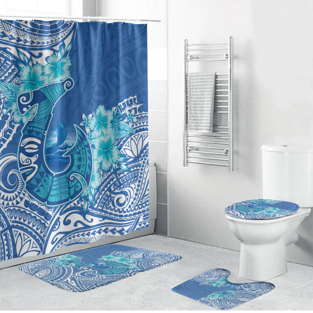 Hawaii Discoverers Day Bathroom Set Polynesian Fish Hook With Hibiscus Blue