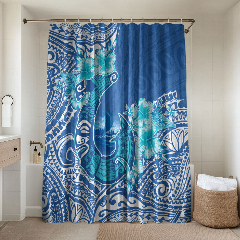 Hawaii Discoverers Day Bathroom Set Polynesian Fish Hook With Hibiscus Blue