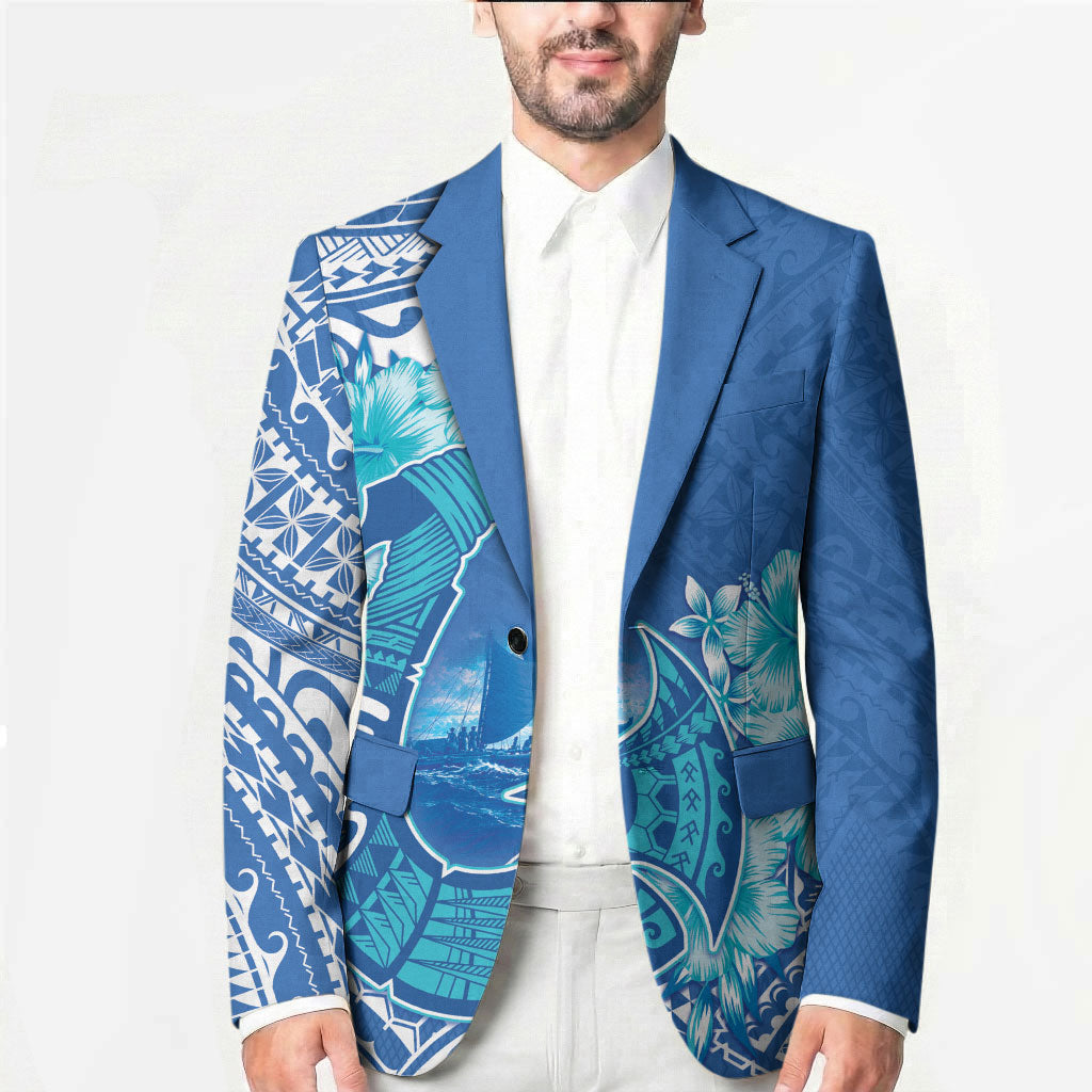 Hawaii Discoverers Day Blazer Polynesian Fish Hook With Hibiscus Blue