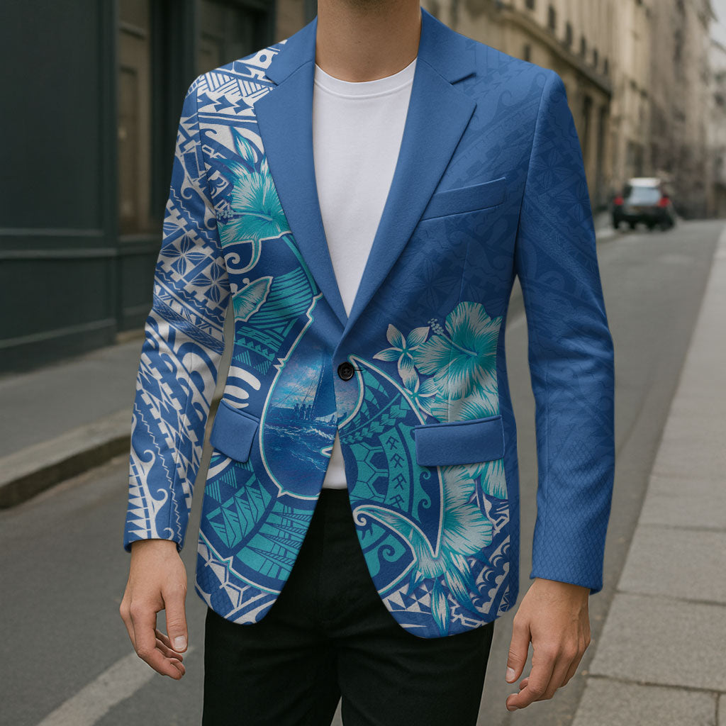 Hawaii Discoverers Day Blazer Polynesian Fish Hook With Hibiscus Blue