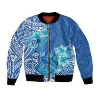 Hawaii Discoverers Day Bomber Jacket Polynesian Fish Hook With Hibiscus Blue