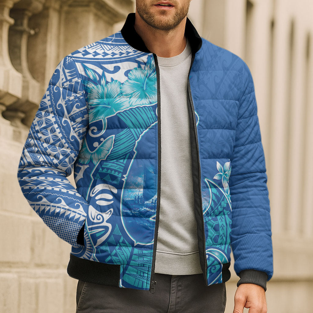 Hawaii Discoverers Day Bomber Puffer Jacket Polynesian Fish Hook With Hibiscus Blue