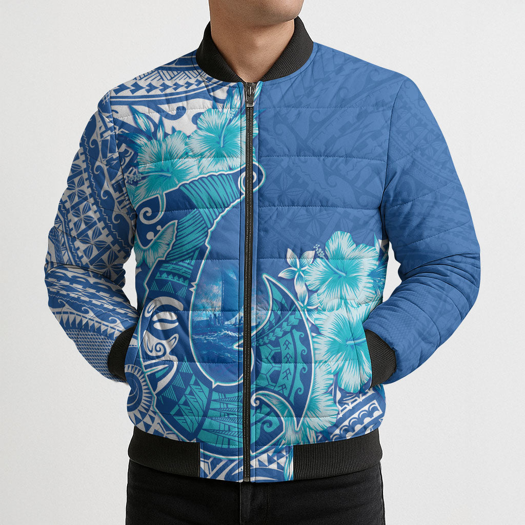 Hawaii Discoverers Day Bomber Puffer Jacket Polynesian Fish Hook With Hibiscus Blue