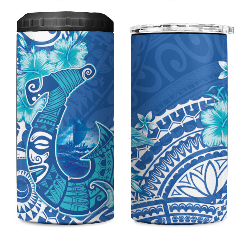 Hawaii Discoverers Day 4 in 1 Can Cooler Tumbler Polynesian Fish Hook With Hibiscus Blue