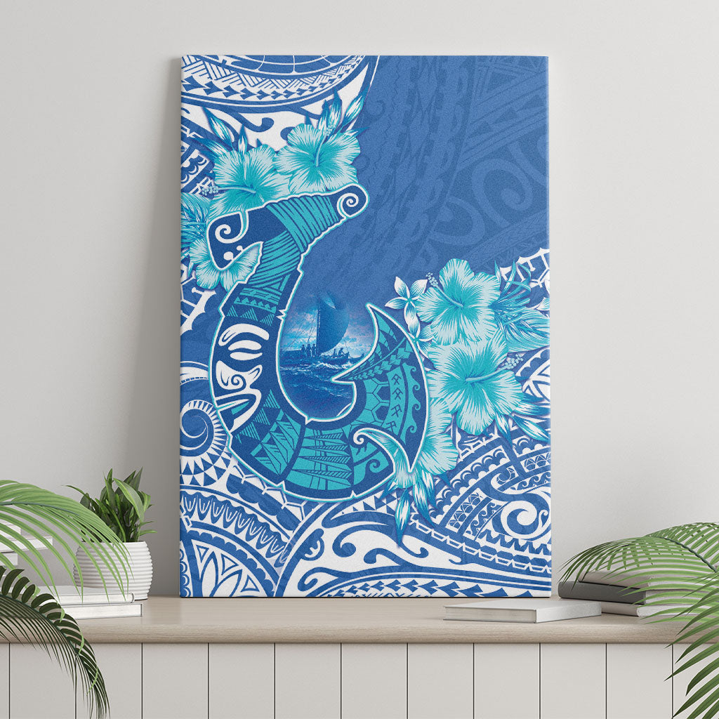 Hawaii Discoverers Day Canvas Wall Art Polynesian Fish Hook With Hibiscus Blue