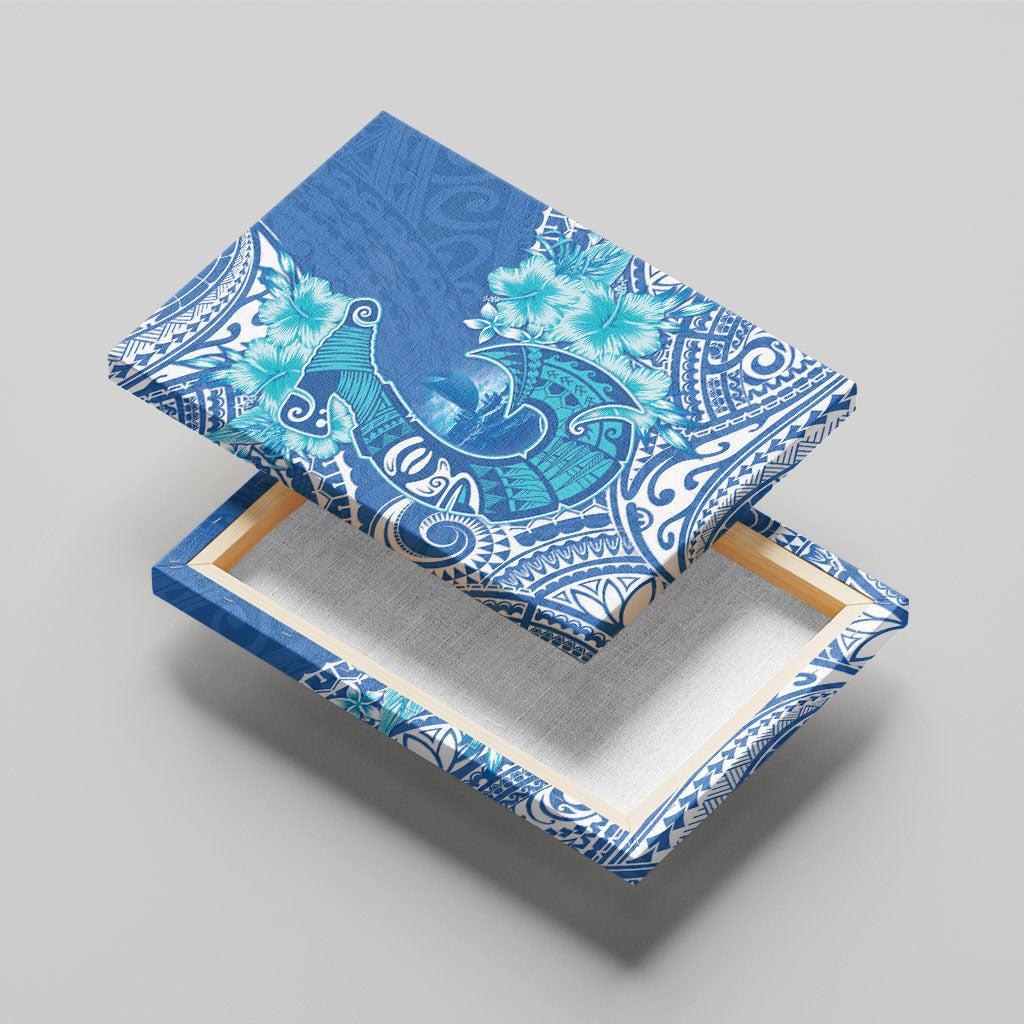 Hawaii Discoverers Day Canvas Wall Art Polynesian Fish Hook With Hibiscus Blue