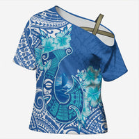Hawaii Discoverers Day Cross Shoulder Shirt Polynesian Fish Hook With Hibiscus Blue