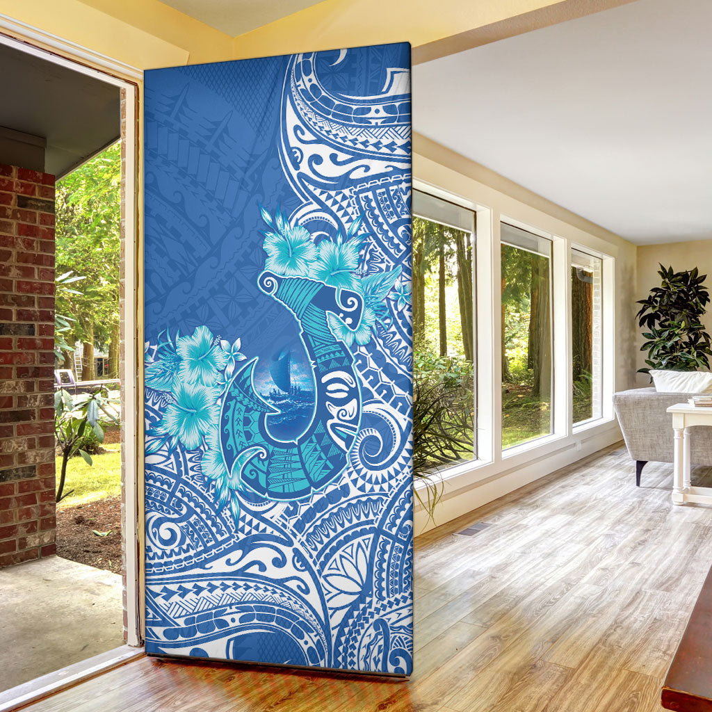 Hawaii Discoverers Day Door Cover Polynesian Fish Hook With Hibiscus Blue