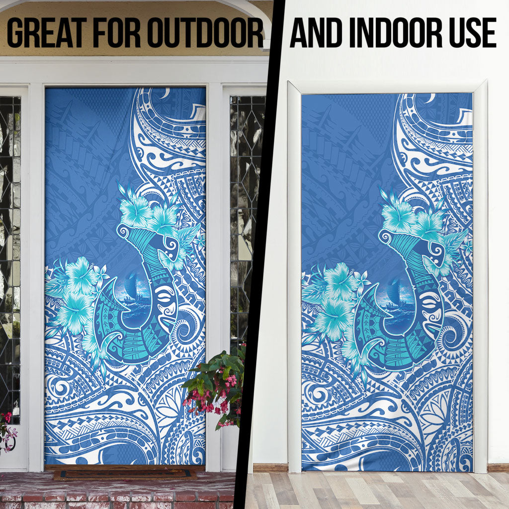 Hawaii Discoverers Day Door Cover Polynesian Fish Hook With Hibiscus Blue
